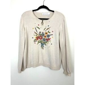Vintage Alfred Drummer Sweater‎ Women's XL Embroidered Flowers Tan